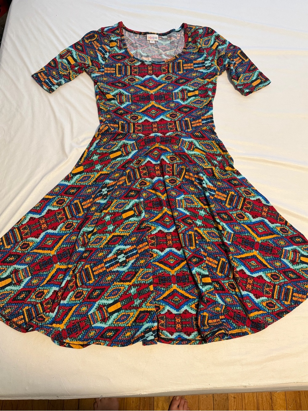 LuLaRoe Multi-Color Geometric Midi Dress - Red, Turquoise, Yellow, Black